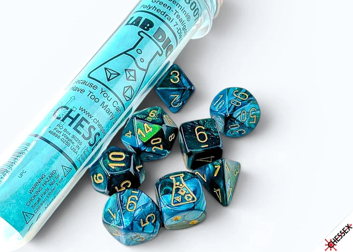 CHX 30078 LAB DICE 10 POLYHEDRAL 7-DIE SET GEMINI GREEN-TEAL/GOLD
