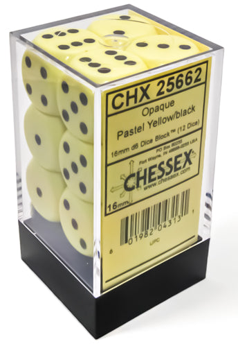 CHX 25662 Opaque 16mm d6 Pastel Yellow/black Dice Block (12 dice)
