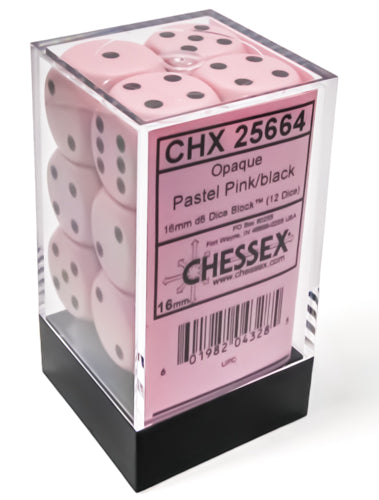 CHX 25664 Opaque 16mm d6 Pastel Pink/black Dice Block (12 dice)