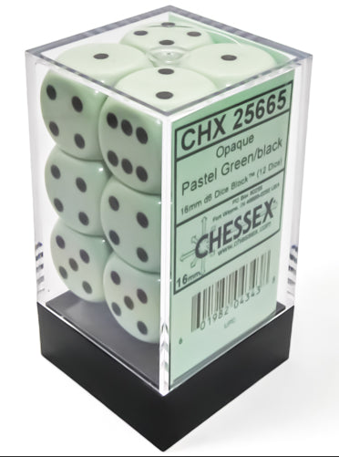 CHX 25665 Opaque 16mm d6 Pastel Green/black Dice Block (12 dice)