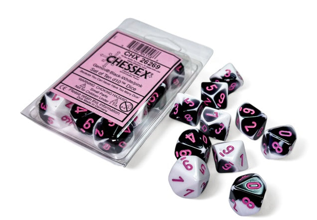 Gemini: Black-White/pink Set of Ten d10s