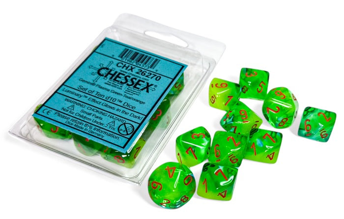 Gemini: Plasma Green-Teal/orange Luminary Set of Ten d10s