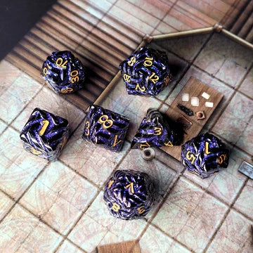 Cosmic Energy Gunmetal Purple with Gold Numbers Metal RPG Dice Set of 7