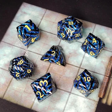 Cosmic Energy Gunmetal Blue with Gold Numbers Metal RPG Dice Set of 7