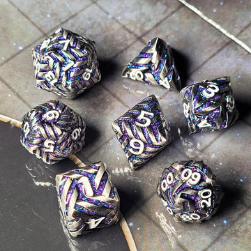 Cosmic Energy Nickel with Color Shift Glitter and White Numbers Metal RPG Dice Set of 7