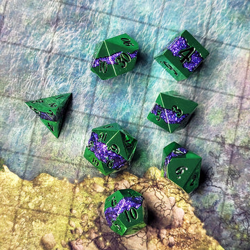 Galactic Flow Green Purple Metal RPG Dice Set of 7