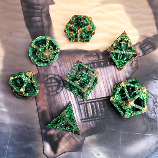 Deep Dreamer Bronze Green Hollow Metal RPG Dice Set of 7