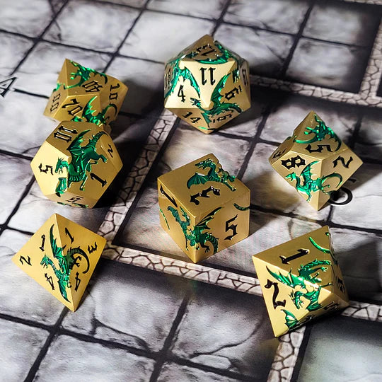 Dragon Attack Gold Green Metal RPG Dice Set of 7