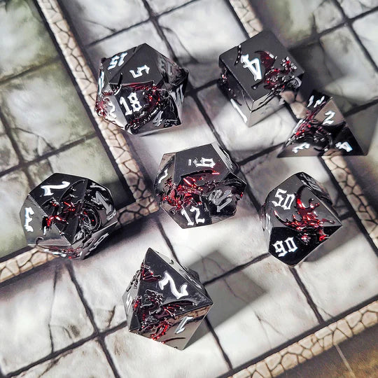 Dragon Attack Gunmetal Gloss Red Metal RPG Dice Set of 7
