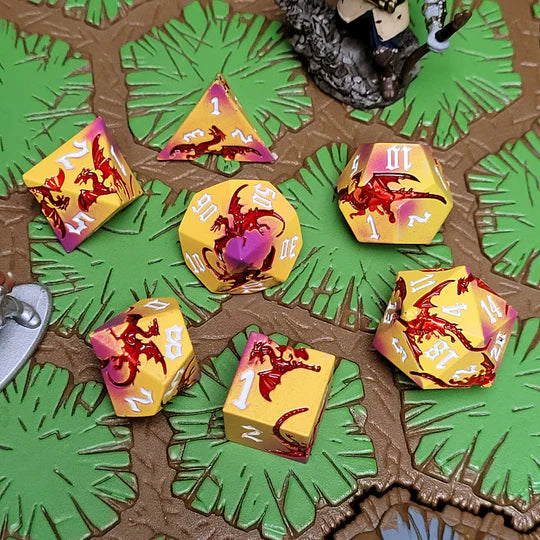 Dragon Attack Yellow Red Metal RPG Dice Set of 7