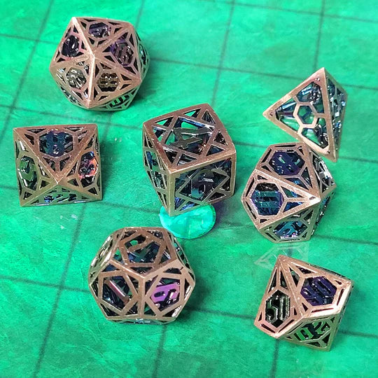 Time Traveler Gold Spectrum Hollow Metal RPG Dice Set of 7