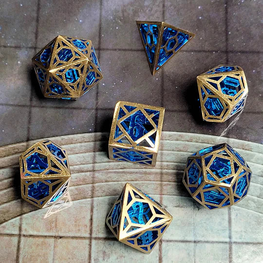 Time Traveler Gold Blue Hollow Metal RPG Dice Set of 7