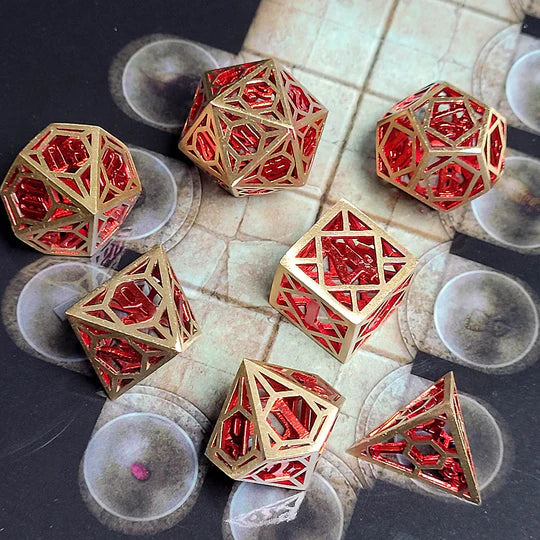 Time Traveler Gold Red Hollow Metal RPG Dice Set of 7