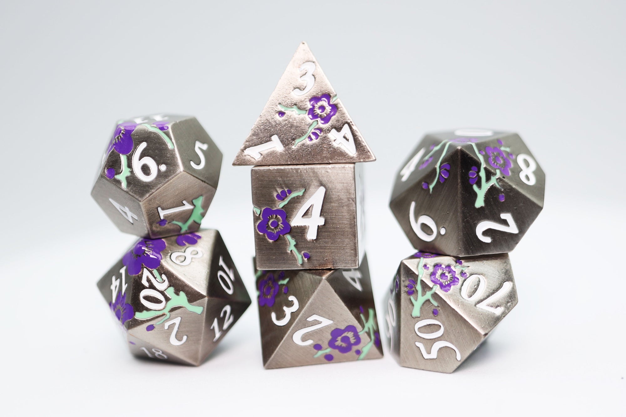 Metallic Bouquet: Silvered Jackmanii - Metal RPG Dice Set