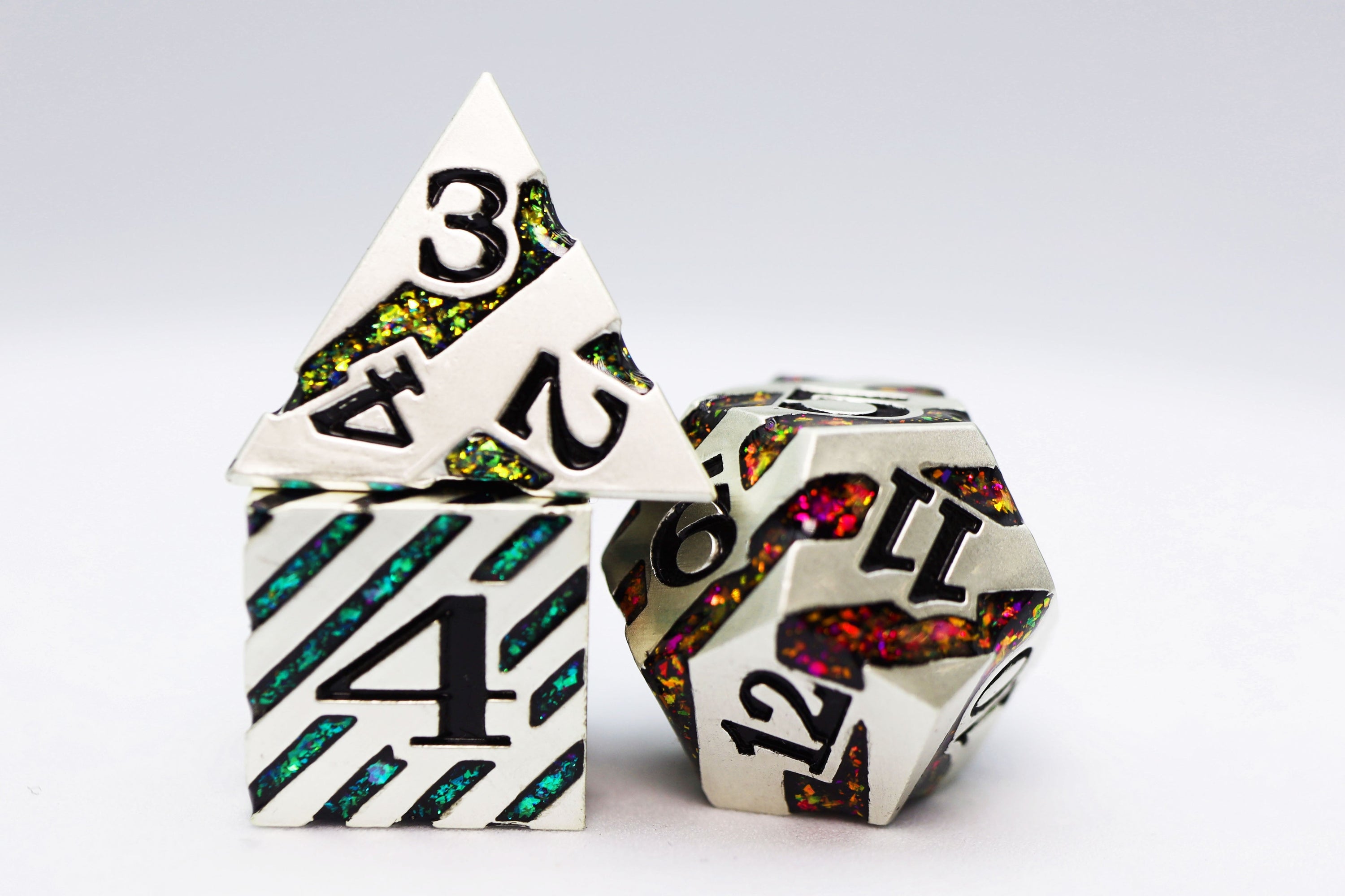 Into the Mines: Platinum with Rainbow Mica - Metal RPG Dice Set