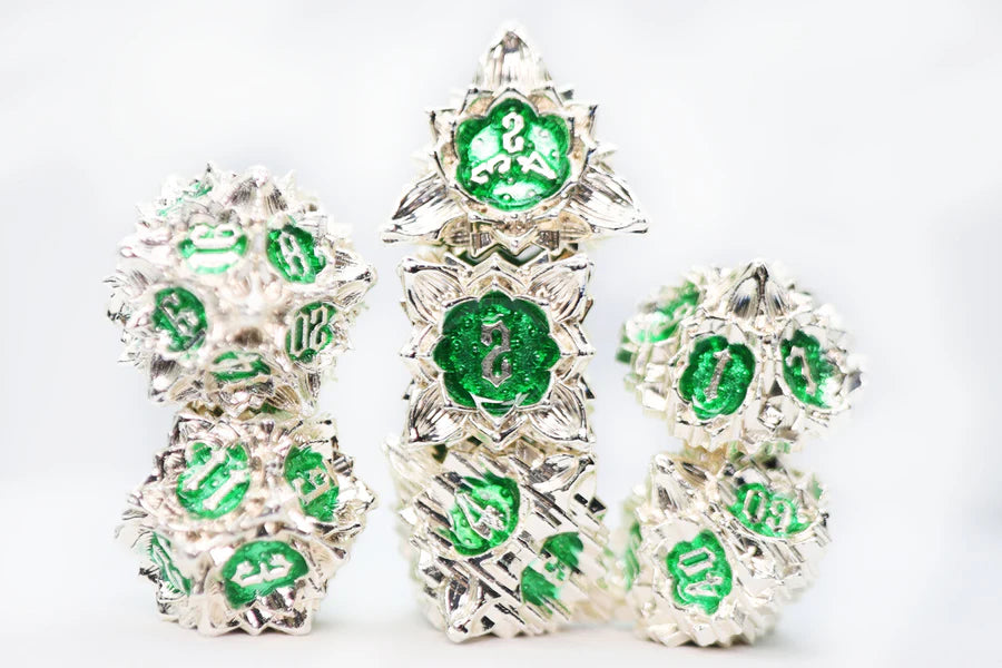 Floral Starburst: Frozen Fern - Metal RPG Dice Set