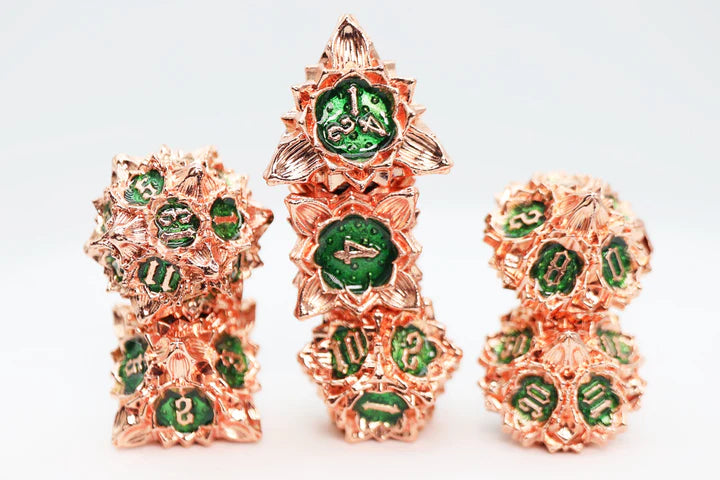 Floral Starburst: Emerald Caladium Metal RPG Dice Set
