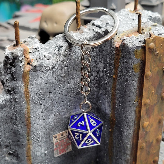 Fob of Fate D20 Keychain and Bag Charm - Guardian Silver with Blue Enamel
