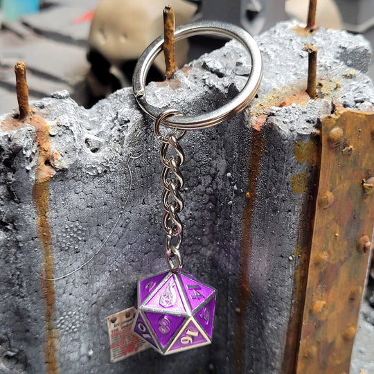Fob of Fate D20 Keychain and Bag Charm - Guardian Silver with Purple Enamel