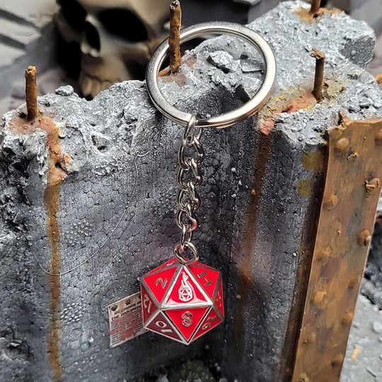 Fob of Fate D20 Keychain and Bag Charm - Guardian Silver with Red Enamel