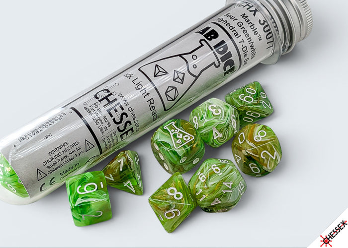 CHX 30077 LAB DICE 10 POLYHEDRAL 7-DIE SET MARBLE SOUR GREEN/WHITE