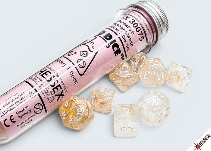 CHX 30075 LAB DICE 10 POLYHEDRAL 7-DIE SET BOREALIS CHAMPAGNE/WHITE